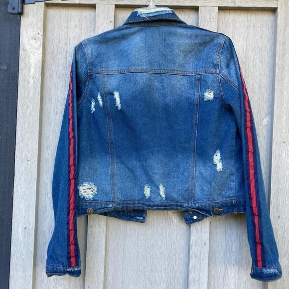 Almost Famous Crave Fame Distressed Denim Jacket Medium, Red Blue Racing Stripes - Picture 2 of 6